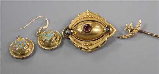 A pair of yellow metal and turquoise cluster earrings, a seed pearl set stick pin and a Victorian yellow metal and gem set brooch.